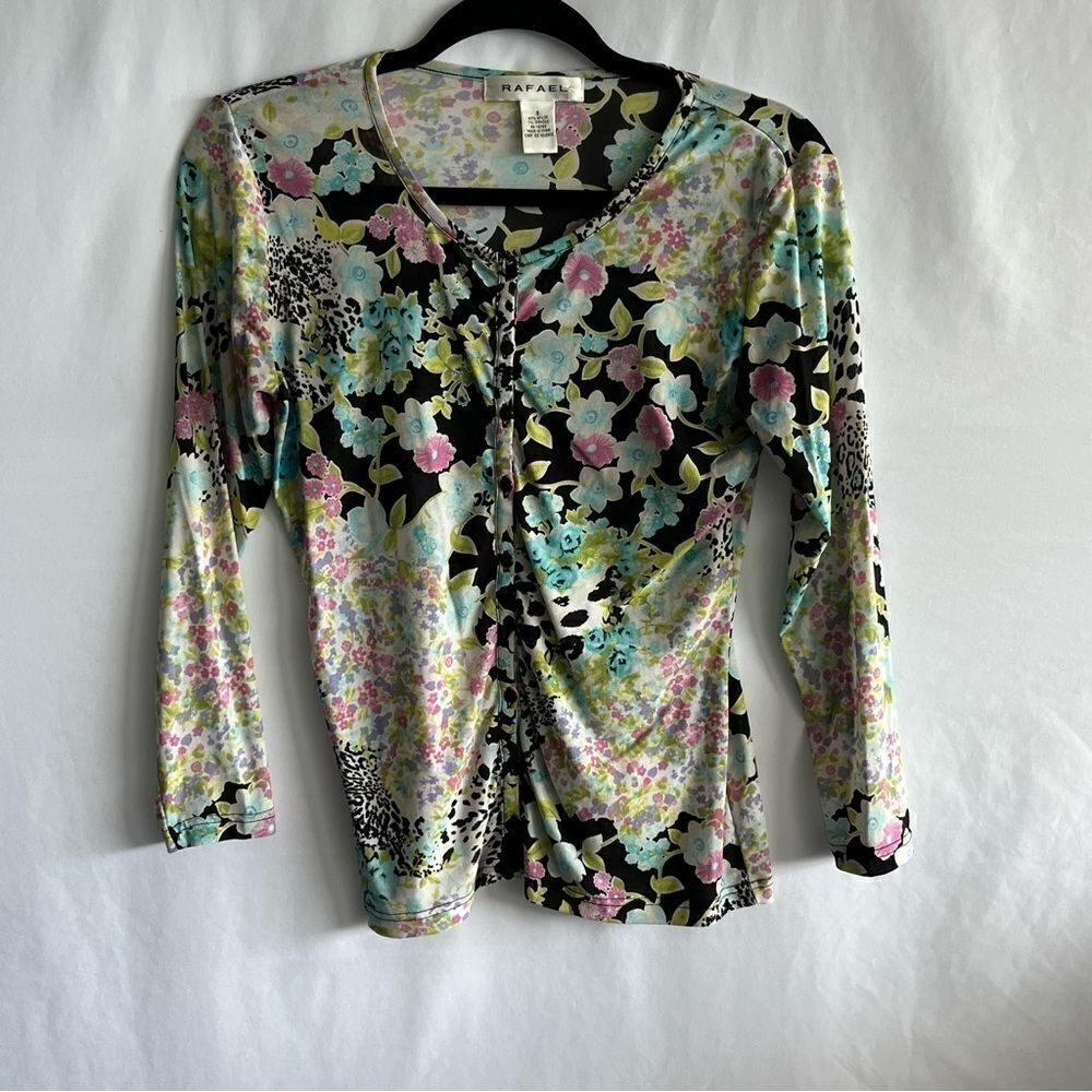 Vintage Rafael Micro Mesh Floral Button Front Top - Picture 2 of 7